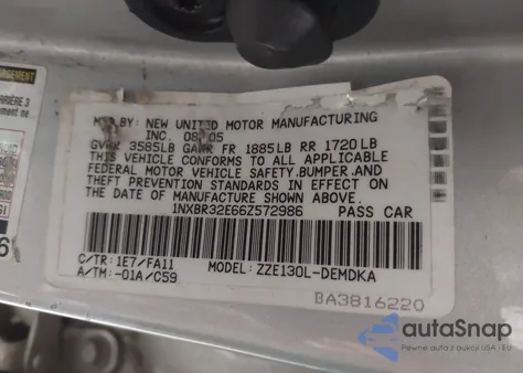 2006 Toyota Corolla Ce z USA, uszkodzony, nr VIN 1NXBR32E66Z572986